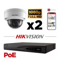 Kit vidéosurveillance PoE 2 caméras dôme full HD 2MP H265+ vision de nuit 30 mètres