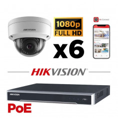 Kit vidéosurveillance PoE 6 caméras dôme full HD 2MP H265+ vision de nuit 30 mètres