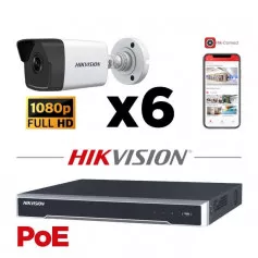 Kit vidéosurveillance PoE 6 caméras tube full HD 2MP H265+ vision de nuit 30 mètres