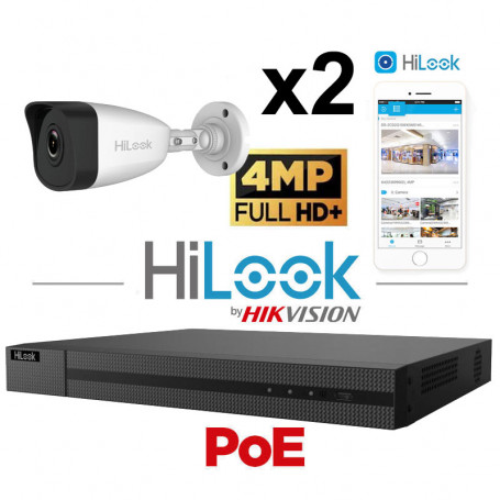 Kit vidéosurveillance 2 caméras HiLook 4MP H265+ vision de nuit 30 mètres EXIR 2.0