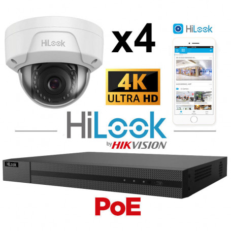 Kit vidéosurveillance 4 caméras HiLook 4K antivandale H265+ vision de nuit 30 mètres EXIR 2.0